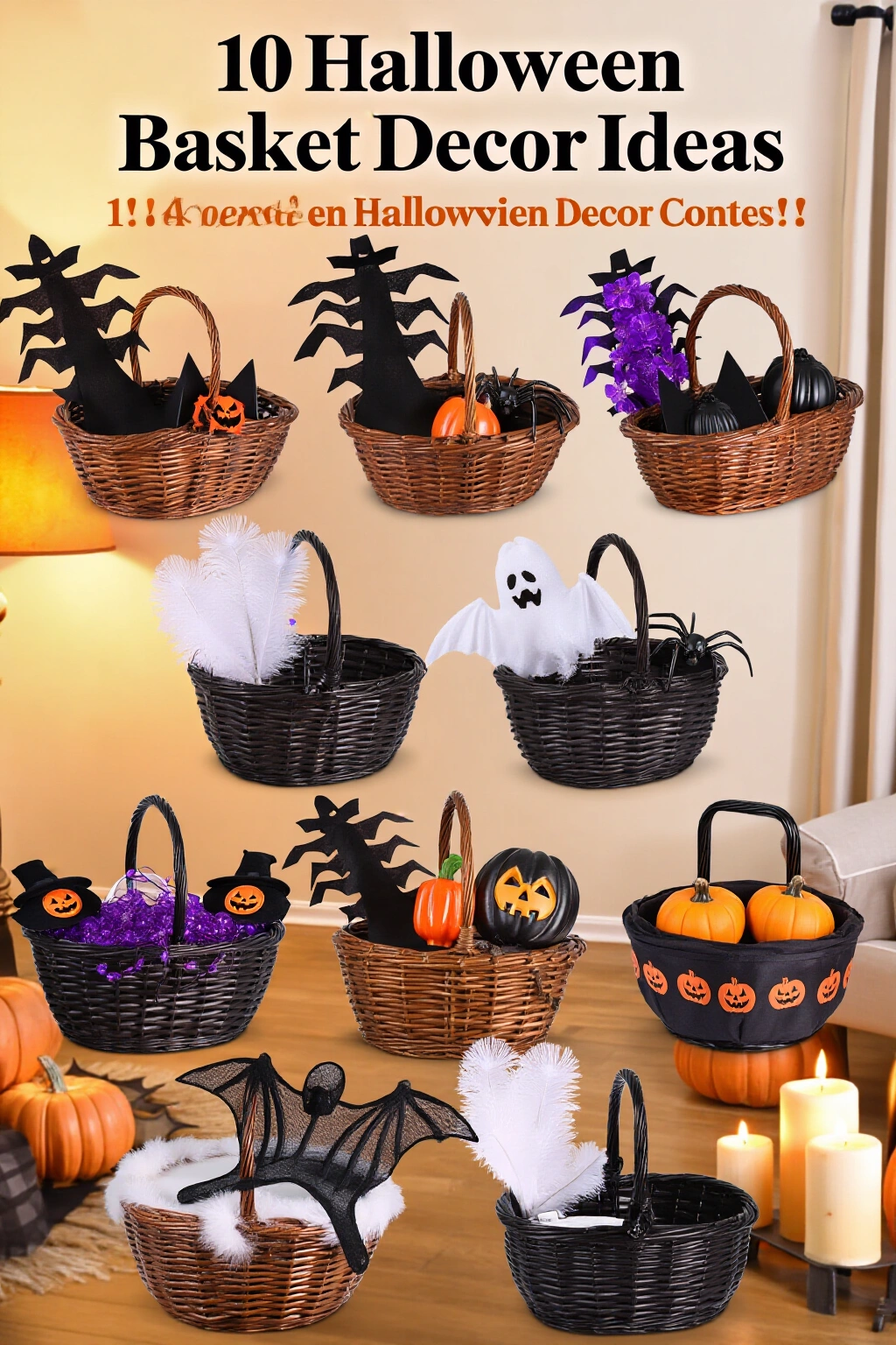 AI-created concept showing 10 halloween basket decor ideas