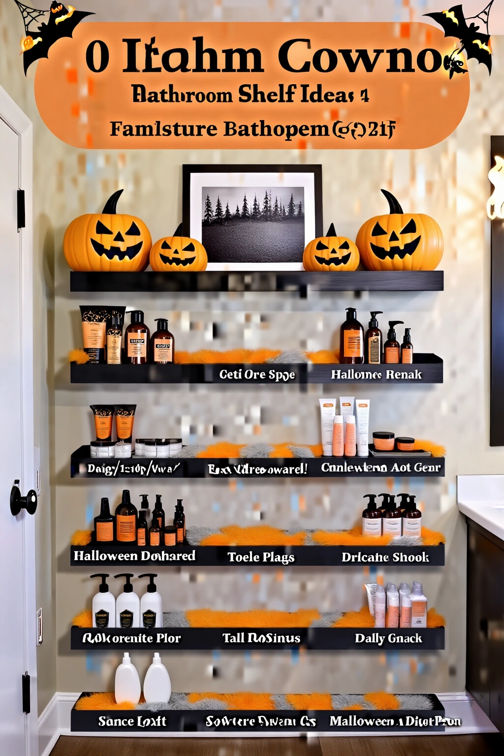 AI-created concept showing 10 halloween bathroom shelf ideas