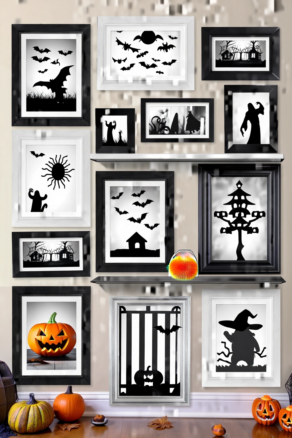 AI-created concept showing 9 halloween black-and-white photo display ideas