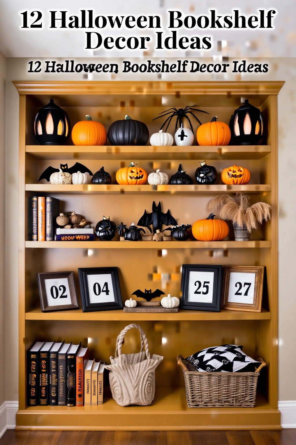 AI-created concept showing 12 halloween bookshelf decor ideas