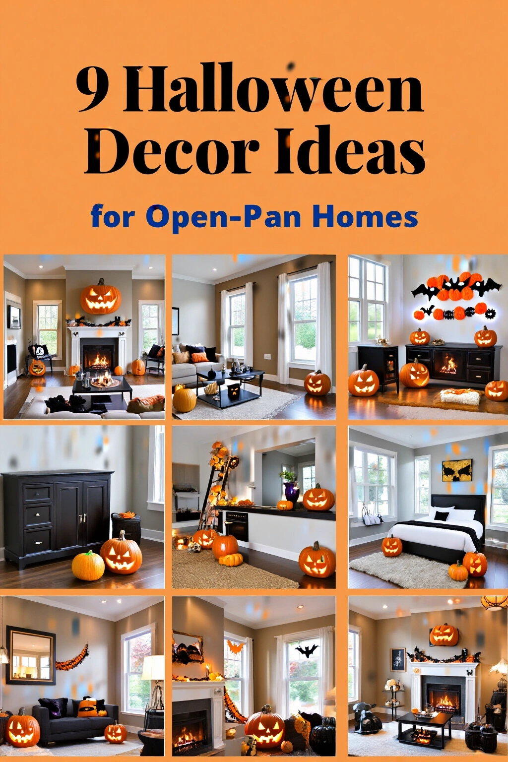 AI-created concept showing 9 halloween decor ideas for open-plan homes