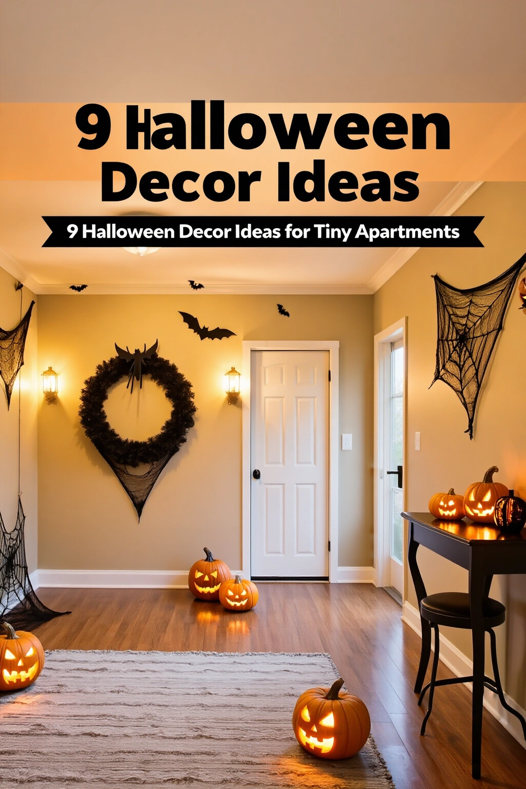 AI-created concept showing 9 halloween decor ideas for tiny apartments