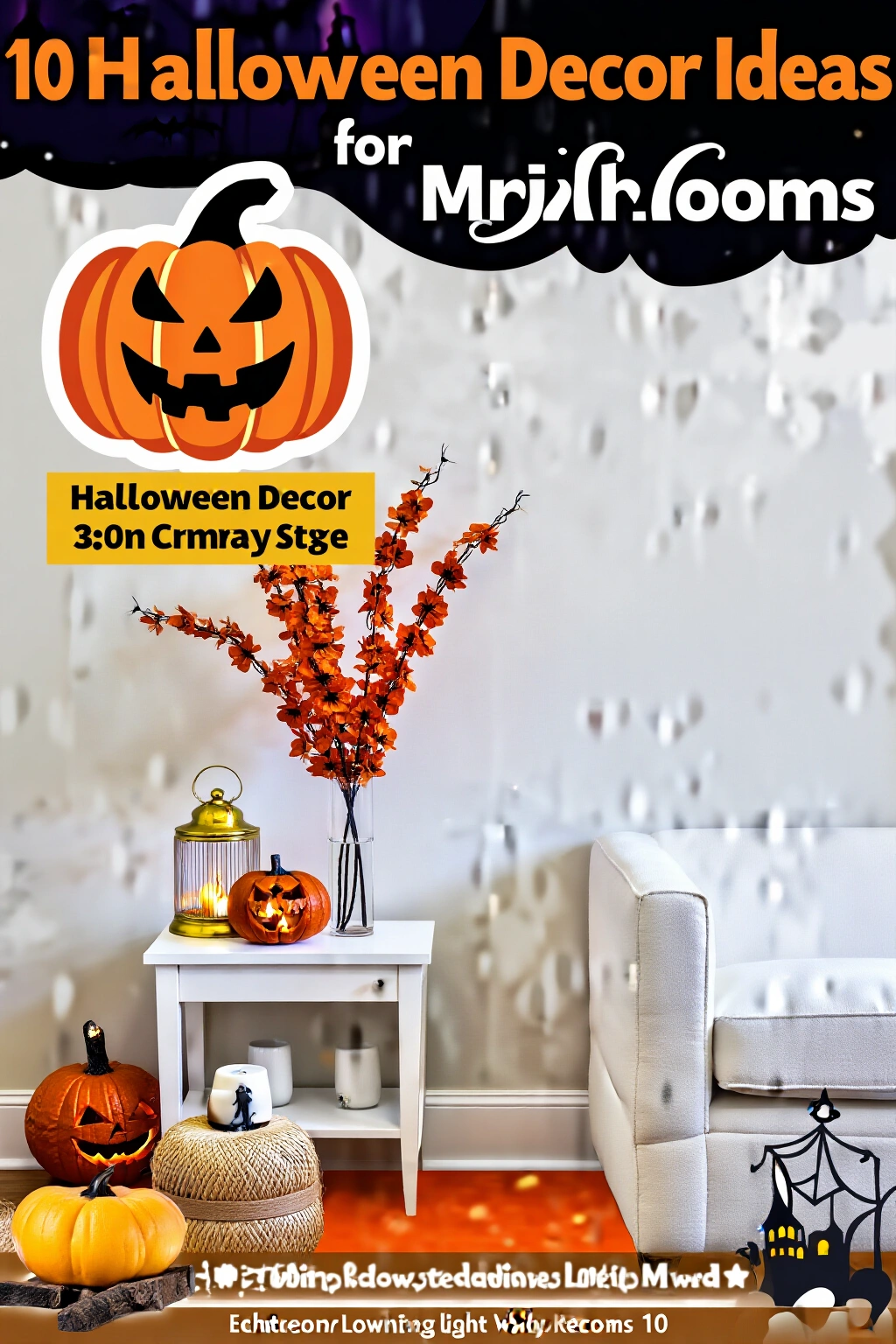 AI-created concept showing 10 halloween decor ideas for white rooms