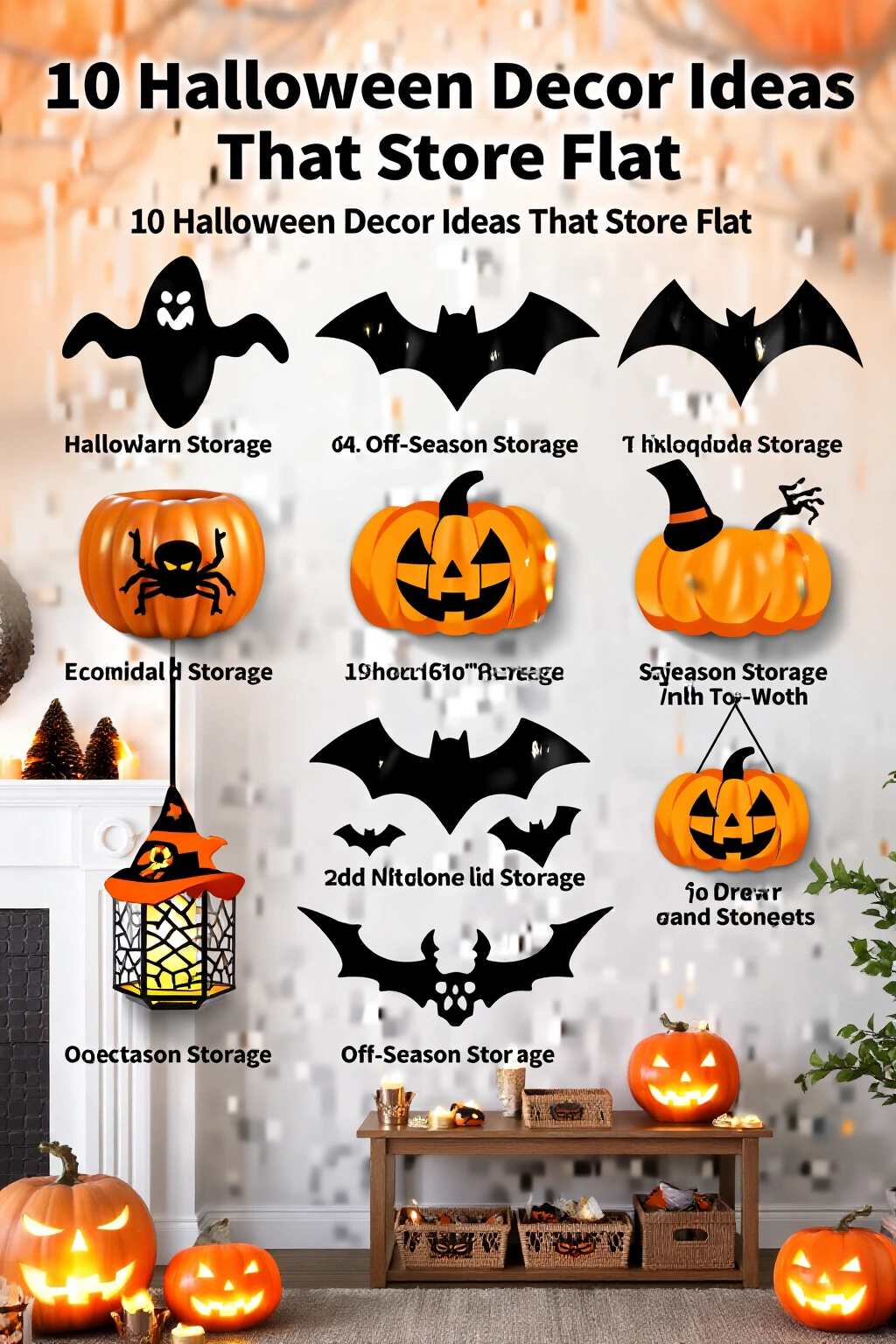 AI-created concept showing 10 halloween decor ideas that store flat