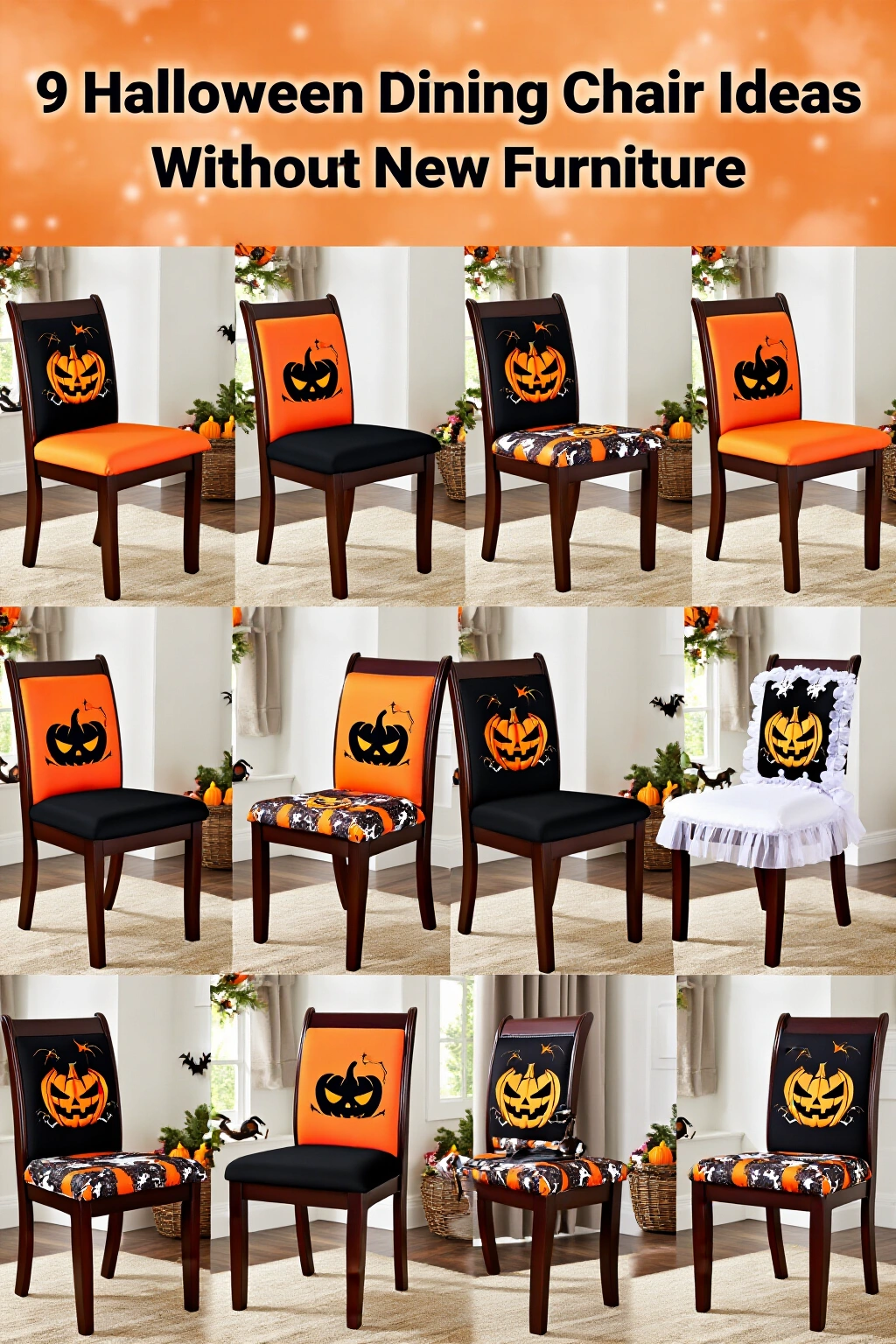 AI-created concept showing 9 halloween dining chair ideas without new furniture