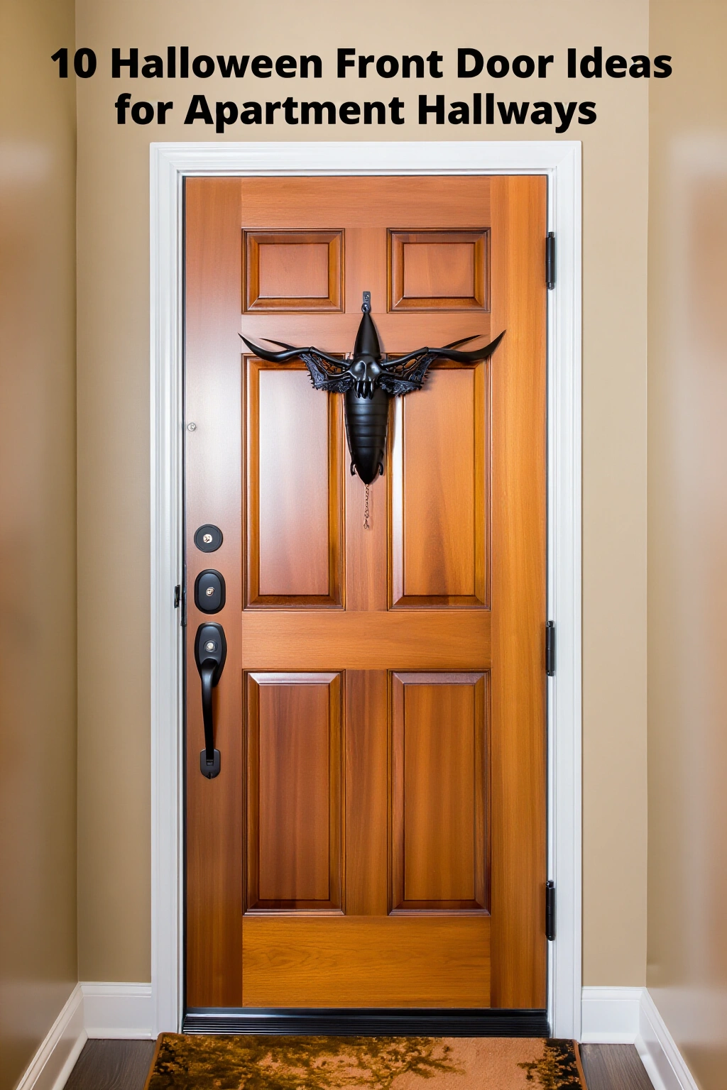 AI-created concept showing 10 halloween front door ideas for apartment hallways