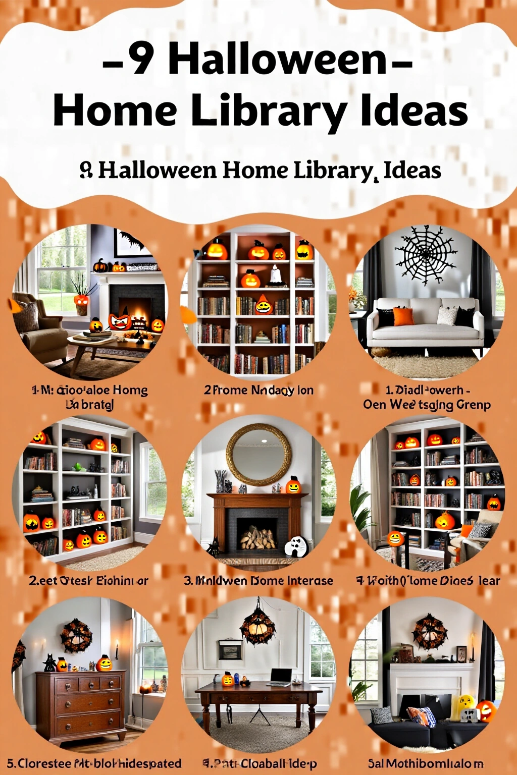 AI-created concept showing 9 halloween home library ideas