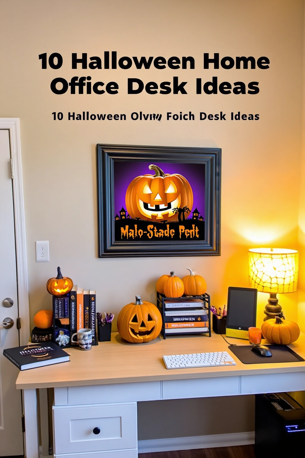 AI-created concept showing 10 halloween home office desk ideas