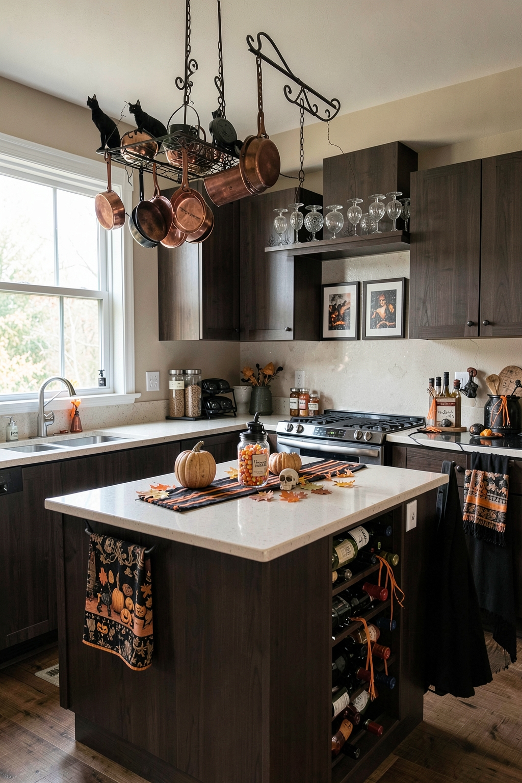 AI-created concept showing 10 halloween kitchen decor ideas that keep counters clear