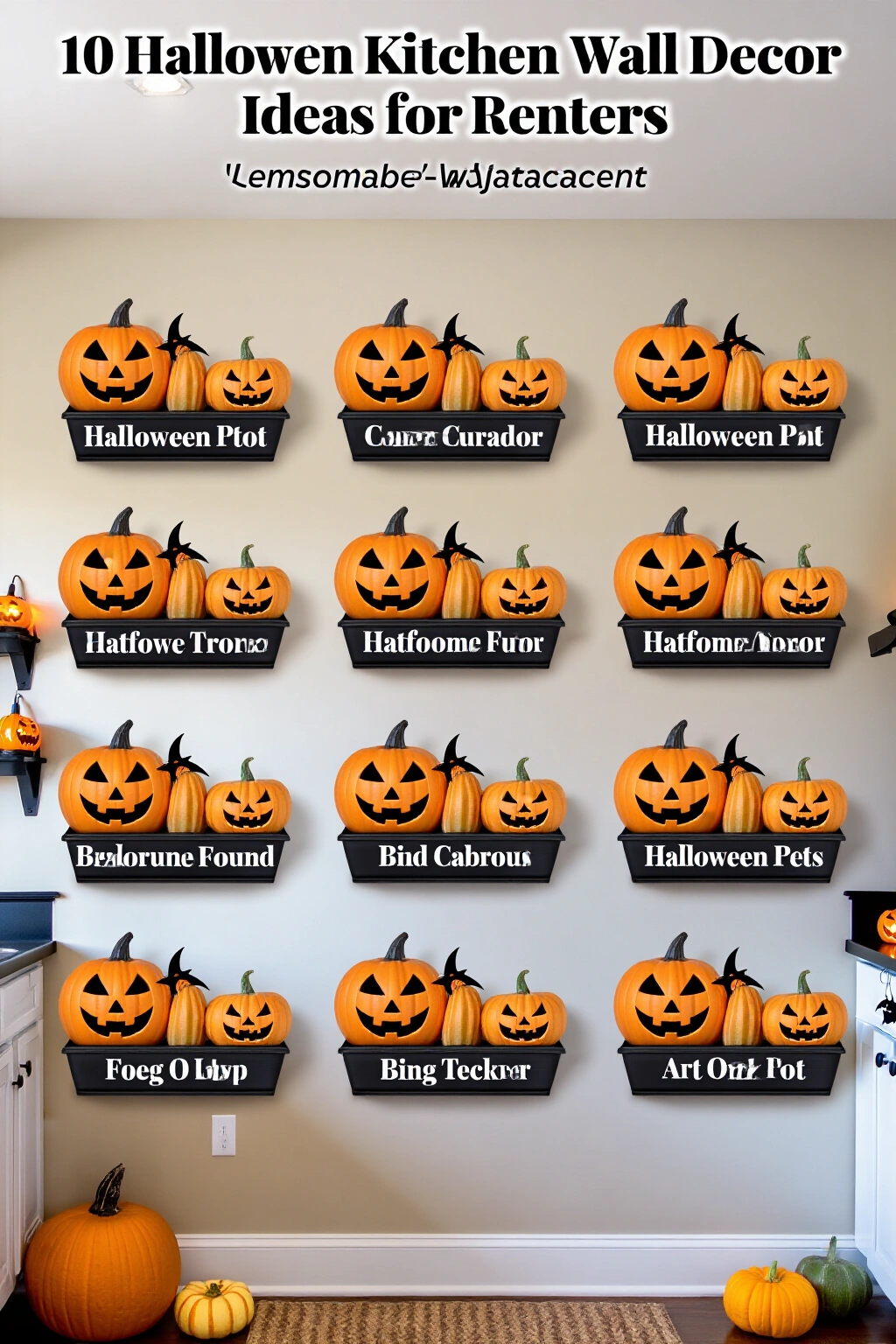 AI-created concept showing 10 halloween kitchen wall decor ideas for renters