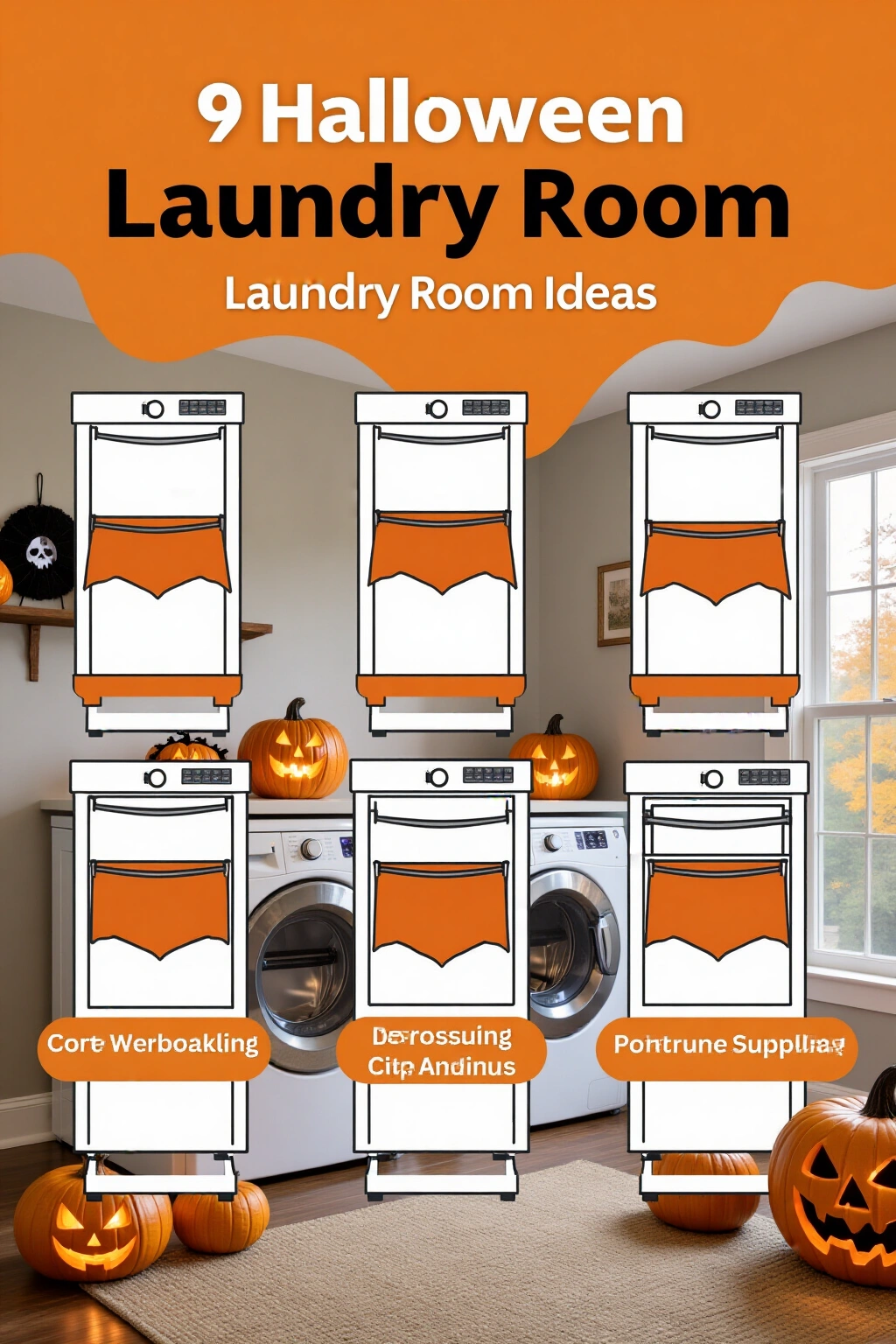 AI-created concept showing 9 halloween laundry room ideas