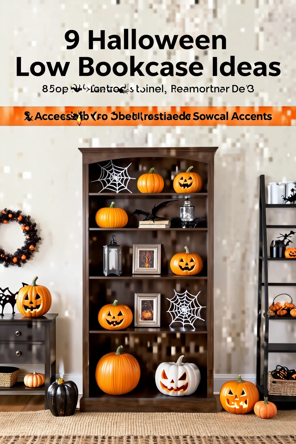 AI-created concept showing 9 halloween low bookcase ideas