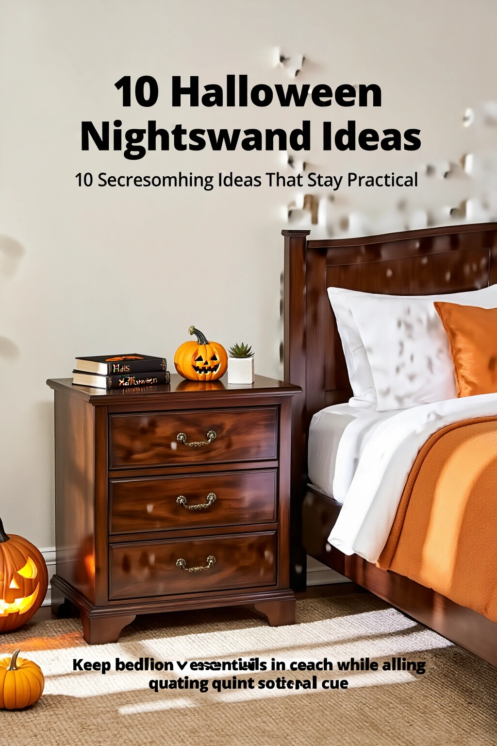 AI-created concept showing 10 halloween nightstand ideas that stay practical
