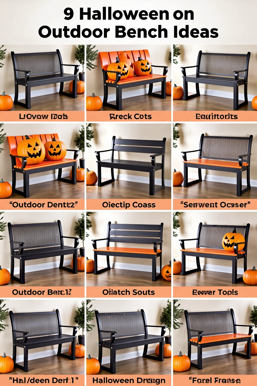 AI-created concept showing 9 halloween outdoor bench ideas