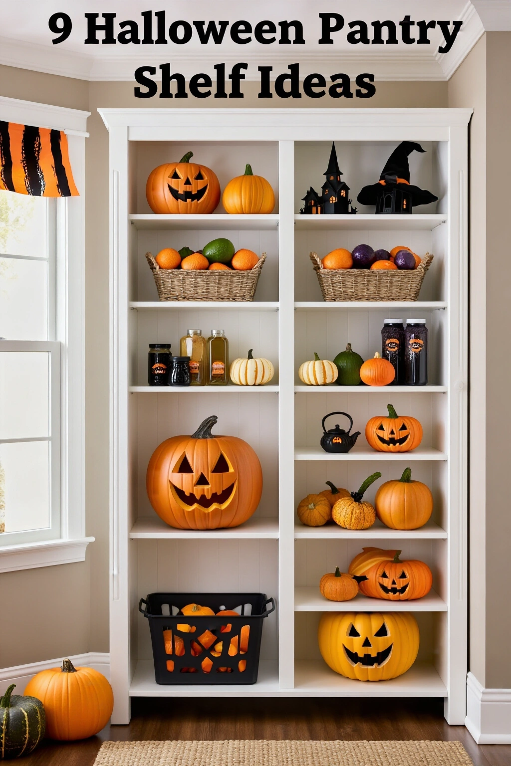 AI-created concept showing 9 halloween pantry shelf ideas