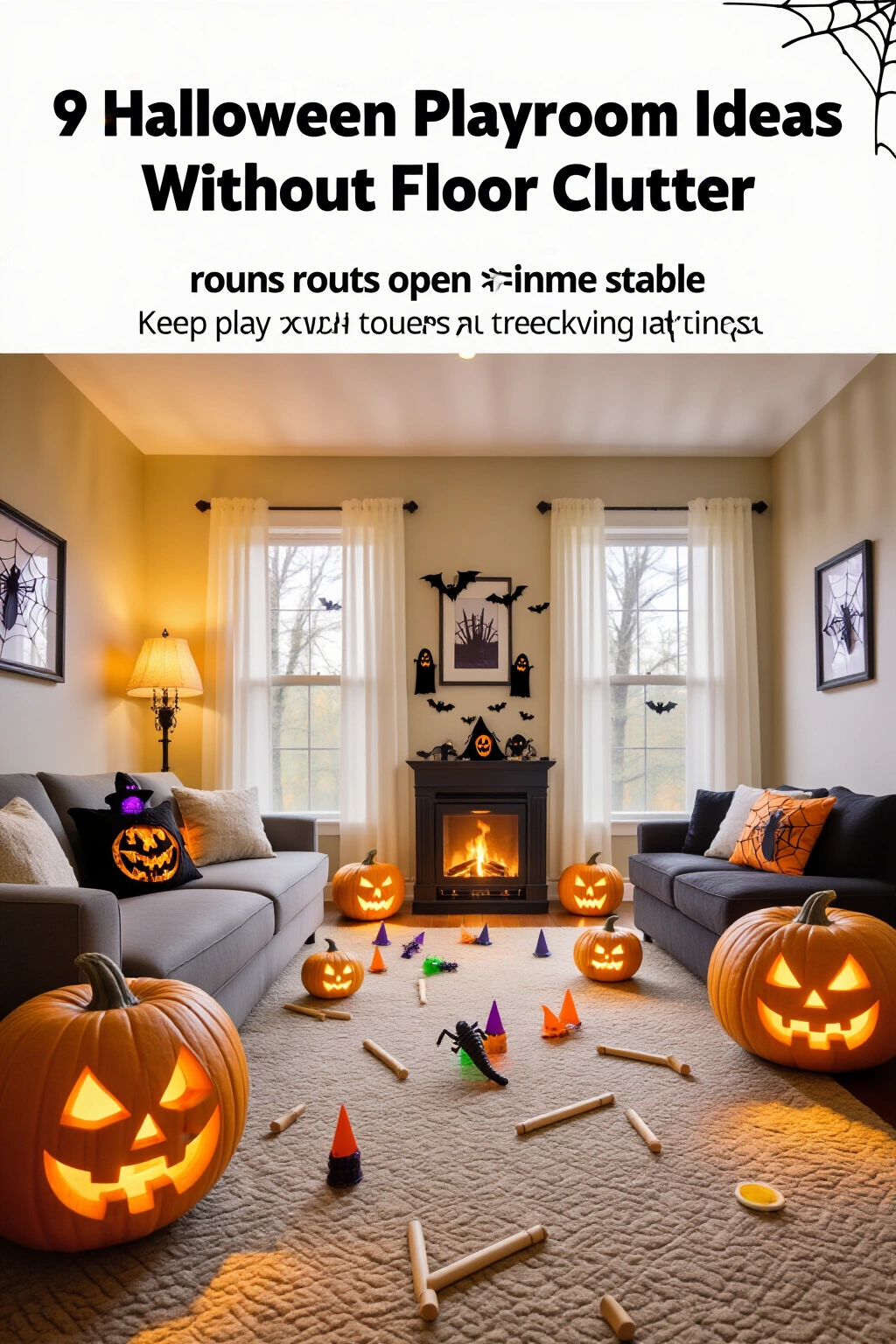 AI-created concept showing 9 halloween playroom ideas without floor clutter
