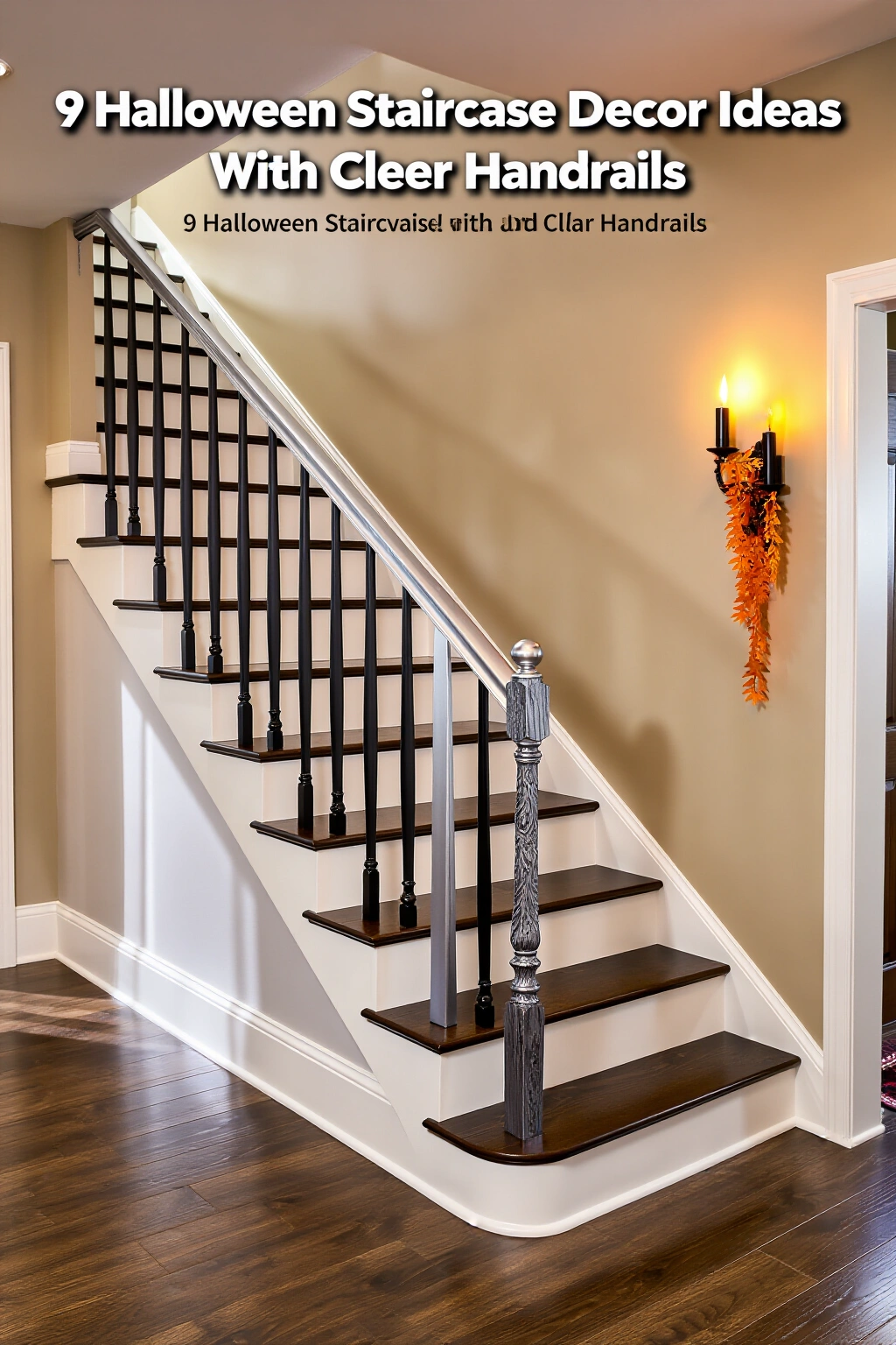 AI-created concept showing 9 halloween staircase decor ideas with clear handrails