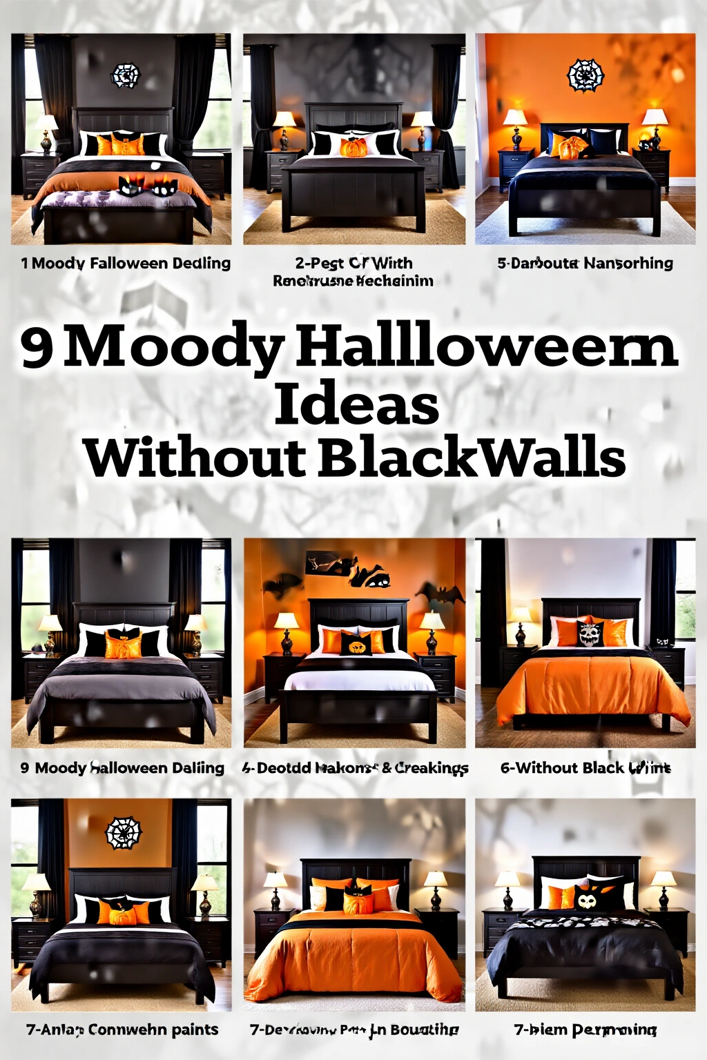 AI-created concept showing 9 moody halloween bedroom ideas without black walls