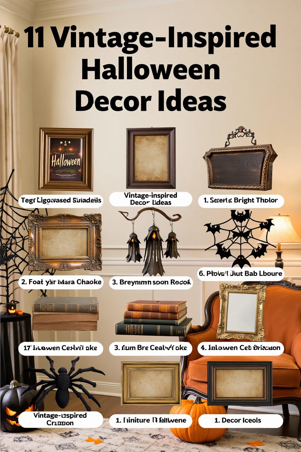AI-created concept showing 11 vintage-inspired halloween decor ideas